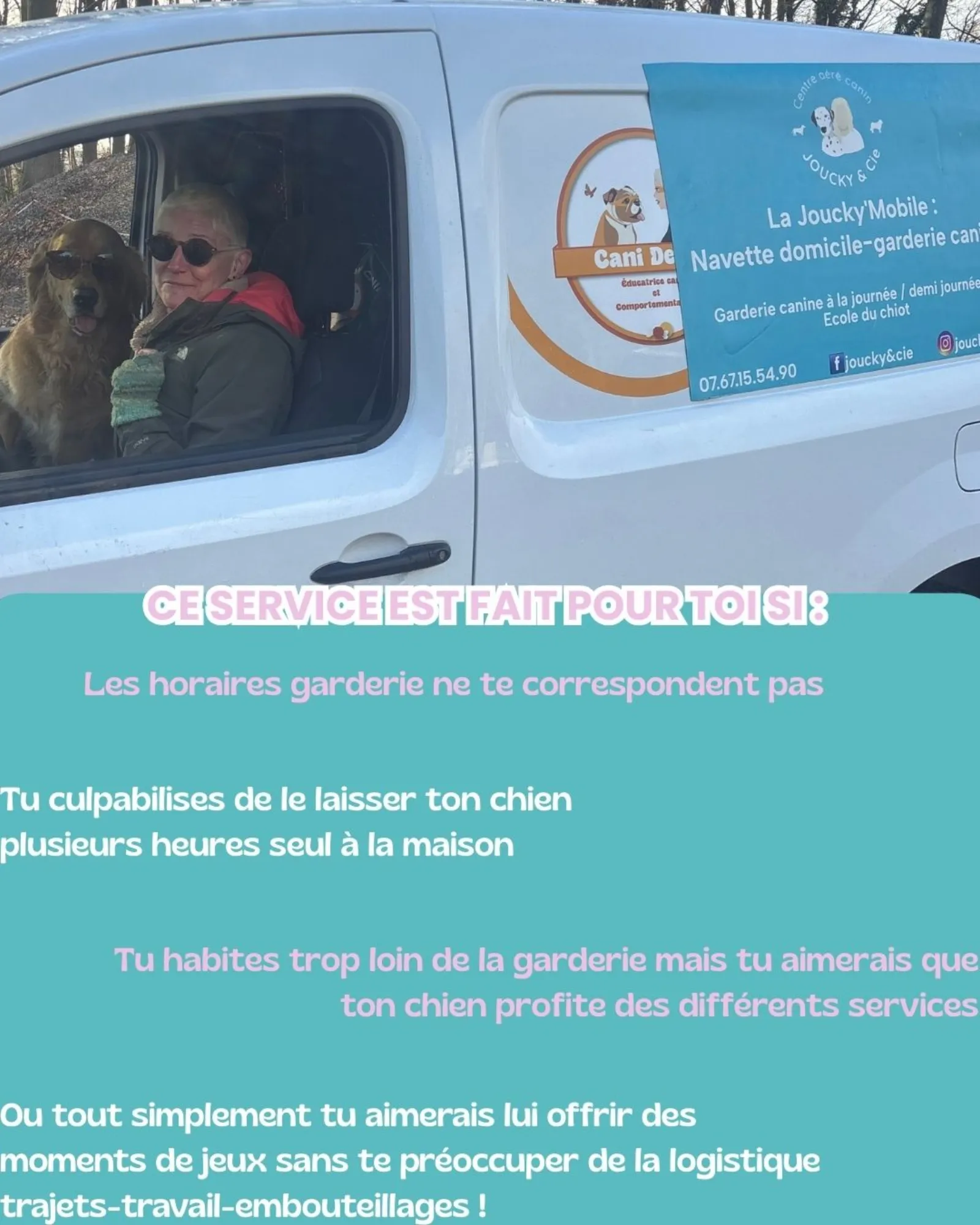 La Joucky’Mobile stationnée avec un chien à bord